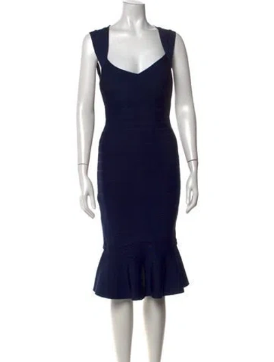 Pre-owned Herve Leger V-neck Midi Length Dress In Blue