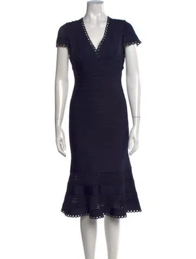 Pre-owned Herve Leger V-neck Midi Length Dress In Blue