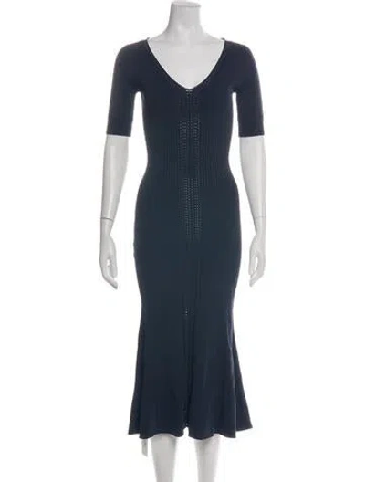 Pre-owned Herve Leger V-neck Midi Length Dress In Blue