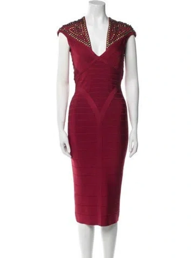 Pre-owned Herve Leger V-neck Midi Length Dress In Burgundy