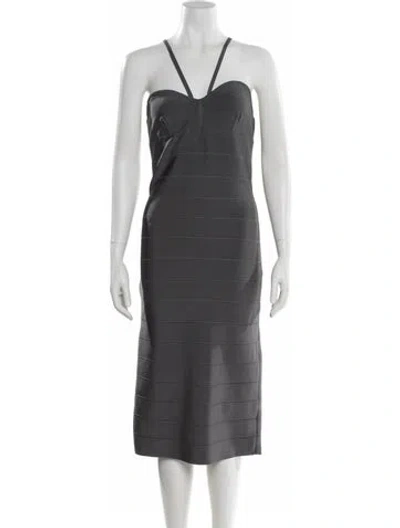 Pre-owned Herve Leger V-neck Midi Length Dress In Gray