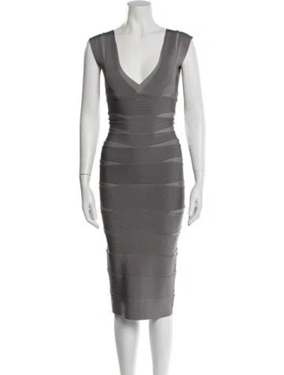 Pre-owned Herve Leger V-neck Midi Length Dress In Gray