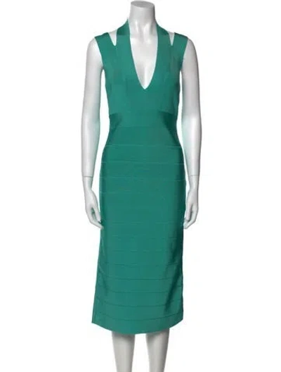 Pre-owned Herve Leger V-neck Midi Length Dress In Green