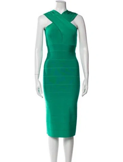 Pre-owned Herve Leger V-neck Midi Length Dress In Green