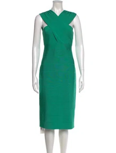 Pre-owned Herve Leger V-neck Midi Length Dress In Green