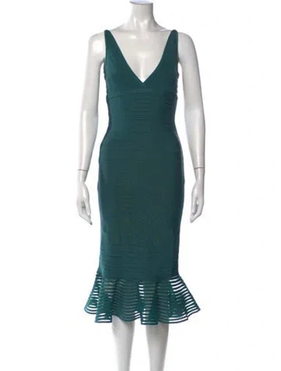 Pre-owned Herve Leger V-neck Midi Length Dress In Green