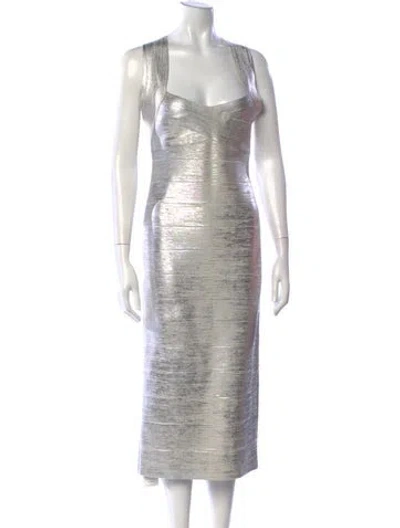 Pre-owned Herve Leger V-neck Midi Length Dress In Metallic/silver