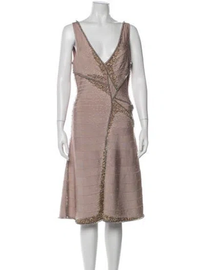 Pre-owned Herve Leger V-neck Midi Length Dress In Neutral
