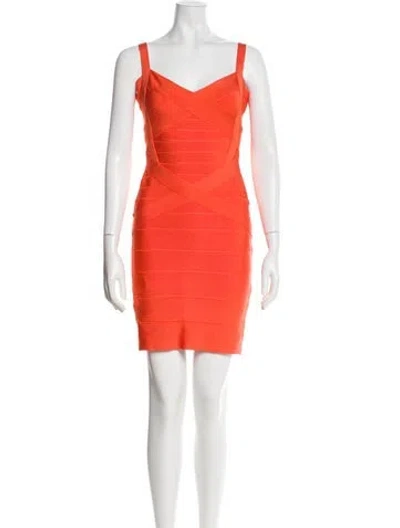 Pre-owned Herve Leger V-neck Midi Length Dress In Orange