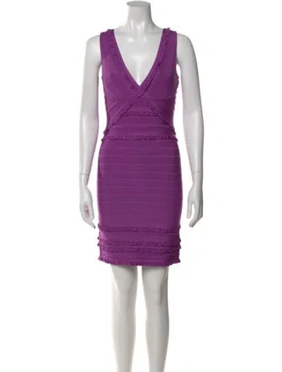 Pre-owned Herve Leger V-neck Midi Length Dress In Purple