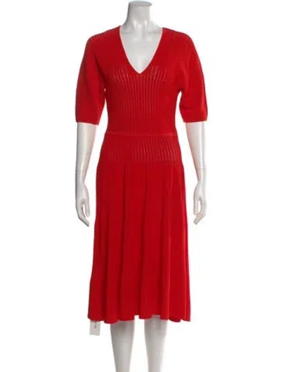 Pre-owned Herve Leger V-neck Midi Length Dress In Red