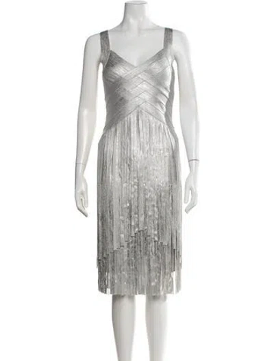 Pre-owned Herve Leger V-neck Midi Length Dress In Silver