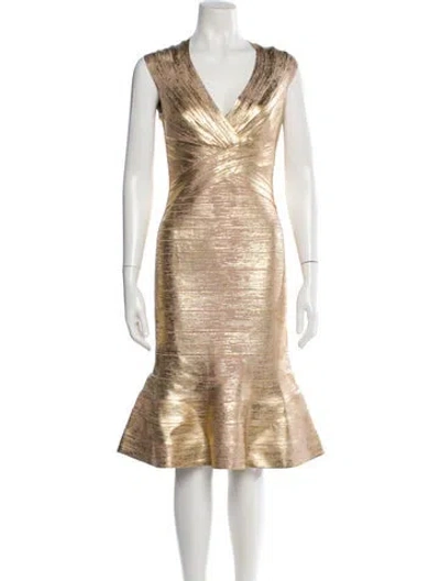 Pre-owned Herve Leger V-neck Midi Length Dress W/ Tags