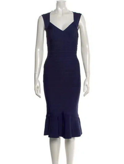 Pre-owned Herve Leger V-neck Midi Length Dress W/ Tags In Blue