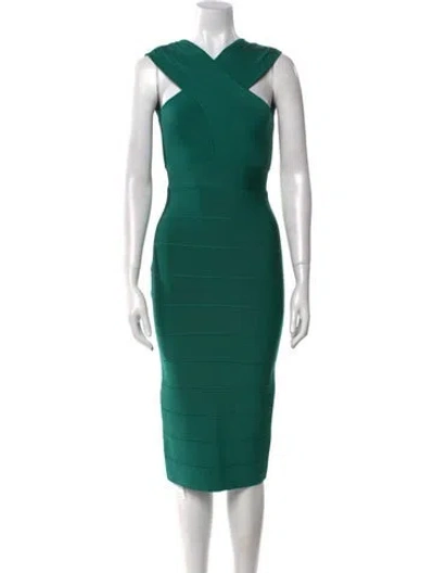 Pre-owned Herve Leger V-neck Midi Length Dress W/ Tags In Green