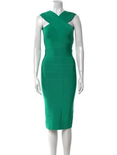 Pre-owned Herve Leger V-neck Midi Length Dress W/ Tags In Green