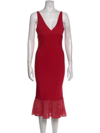 Pre-owned Herve Leger V-neck Midi Length Dress W/ Tags In Red