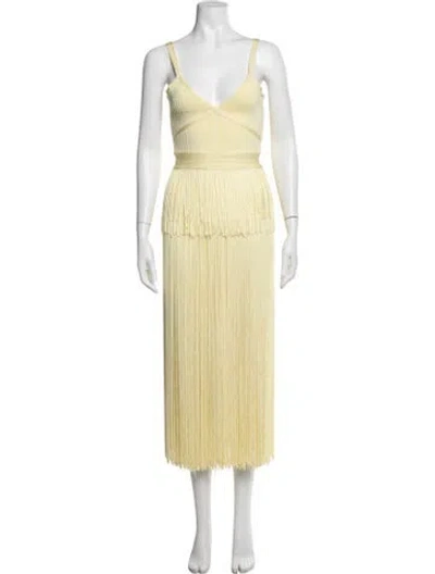 Pre-owned Herve Leger V-neck Midi Length Dress In Yellow