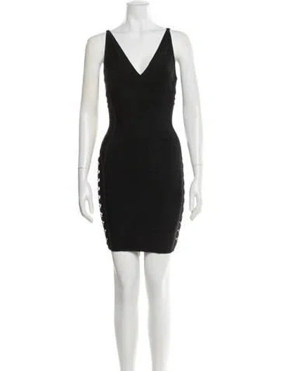 Pre-owned Herve Leger V-neck Mini Dress In Black