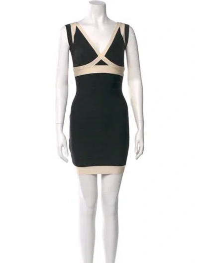 Pre-owned Herve Leger V-neck Mini Dress In Black