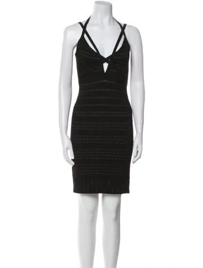 Pre-owned Herve Leger V-neck Mini Dress In Black