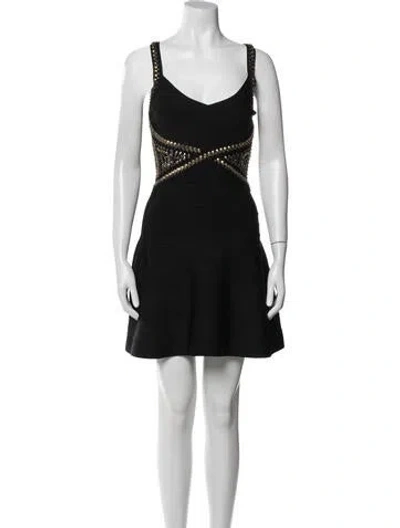 Pre-owned Herve Leger V-neck Mini Dress In Black