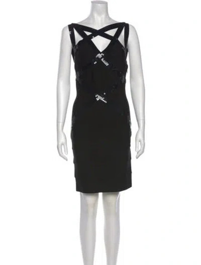 Pre-owned Herve Leger V-neck Mini Dress In Black