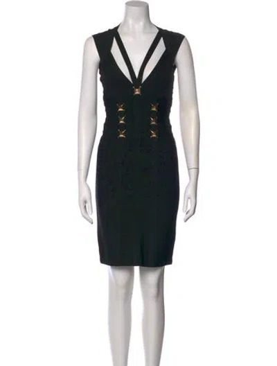 Pre-owned Herve Leger V-neck Mini Dress In Black