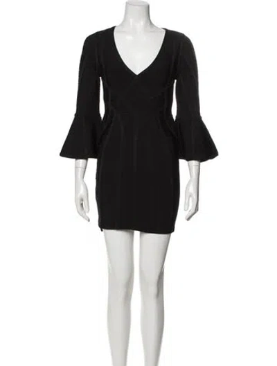 Pre-owned Herve Leger V-neck Mini Dress In Black