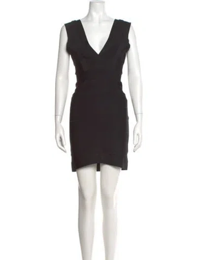 Pre-owned Herve Leger V-neck Mini Dress In Black