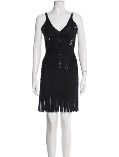 Pre-owned Herve Leger V-neck Mini Dress In Black