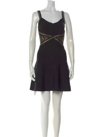 Pre-owned Herve Leger V-neck Mini Dress In Black