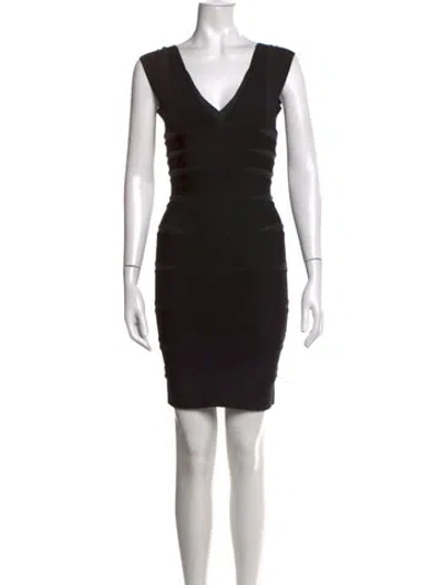 Pre-owned Herve Leger V-neck Mini Dress In Black