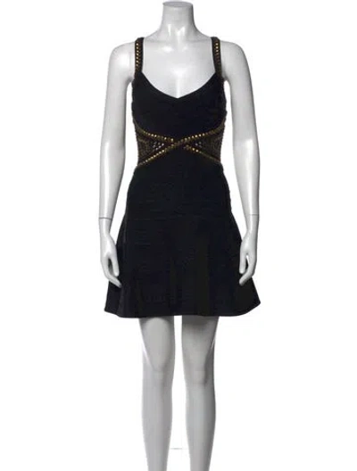 Pre-owned Herve Leger V-neck Mini Dress In Black