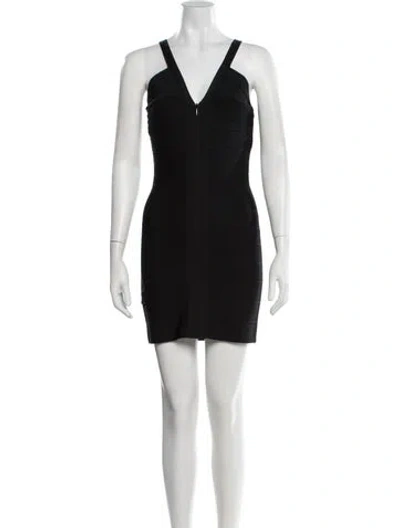 Pre-owned Herve Leger V-neck Mini Dress In Black