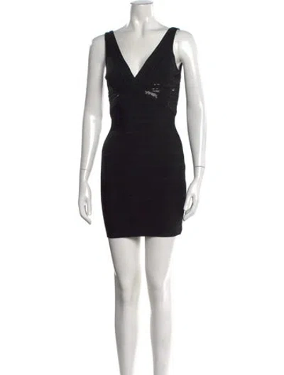 Pre-owned Herve Leger V-neck Mini Dress In Black