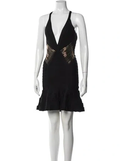 Pre-owned Herve Leger V-neck Mini Dress In Black