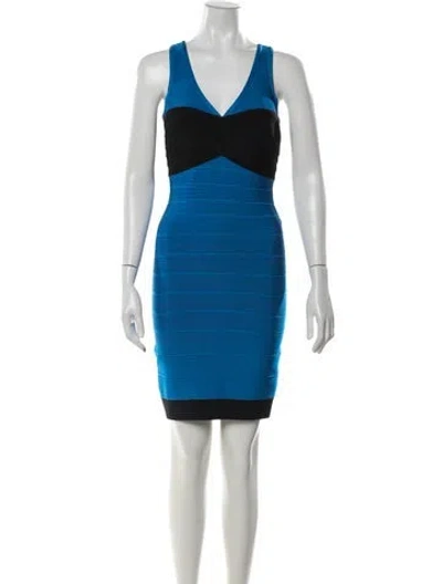 Pre-owned Herve Leger V-neck Mini Dress In Black/blue