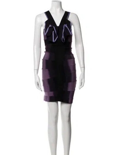 Pre-owned Herve Leger V-neck Mini Dress In Black/grey/purple