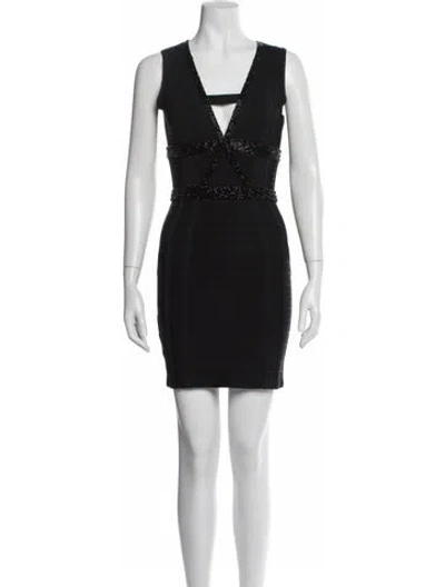 Pre-owned Herve Leger V-neck Mini Dress In Blue