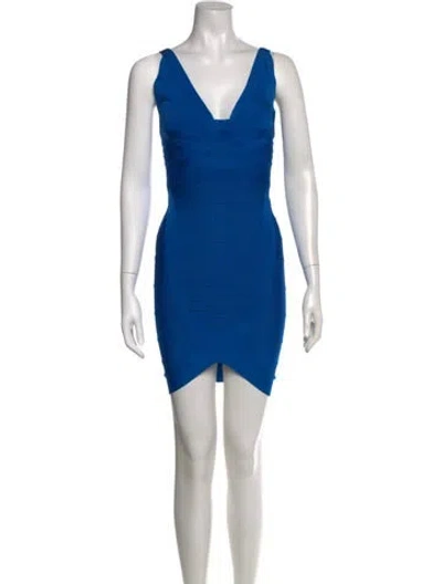 Pre-owned Herve Leger V-neck Mini Dress In Blue