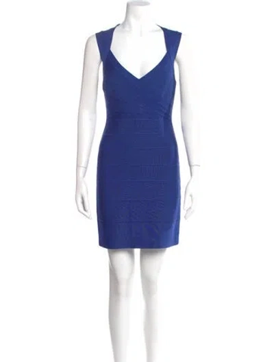 Pre-owned Herve Leger V-neck Mini Dress In Blue