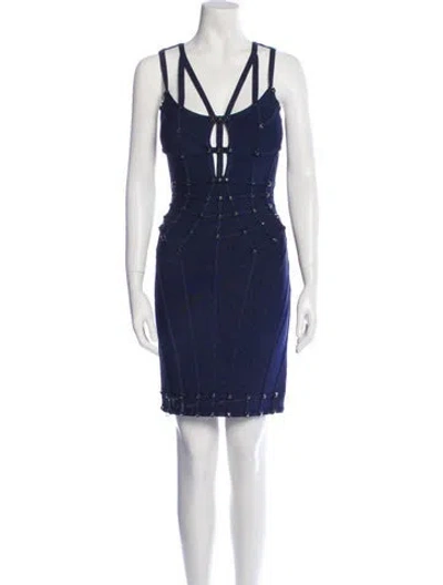 Pre-owned Herve Leger V-neck Mini Dress In Blue