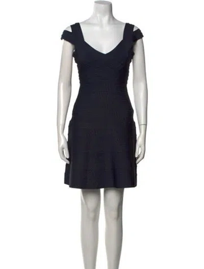 Pre-owned Herve Leger V-neck Mini Dress In Blue
