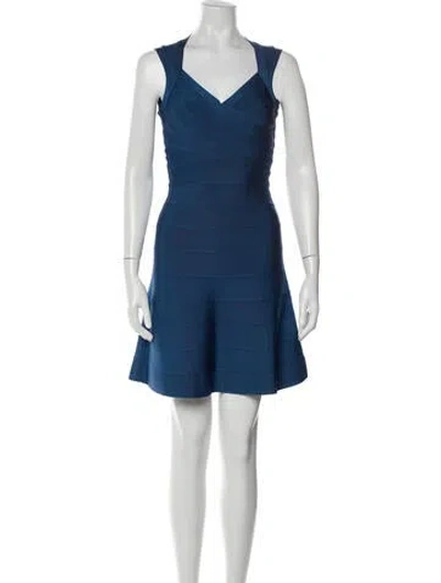 Pre-owned Herve Leger V-neck Mini Dress In Blue