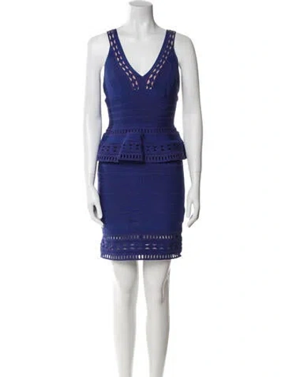 Pre-owned Herve Leger V-neck Mini Dress In Blue