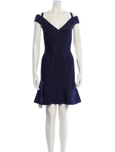 Pre-owned Herve Leger V-neck Mini Dress In Blue