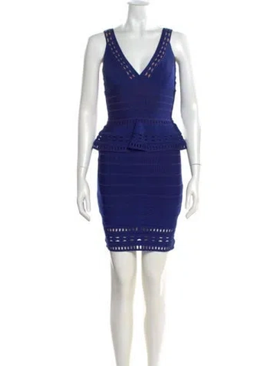 Pre-owned Herve Leger V-neck Mini Dress In Blue