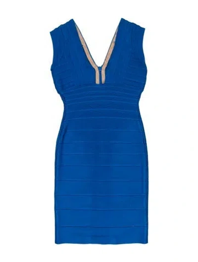 Pre-owned Herve Leger V-neck Mini Dress In Blue