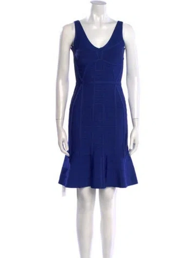 Pre-owned Herve Leger V-neck Mini Dress In Blue